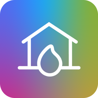 Icona casa colorata con simbolo di goccia che rappresenta fornitura sostenibile rinnovabile di luce e gas